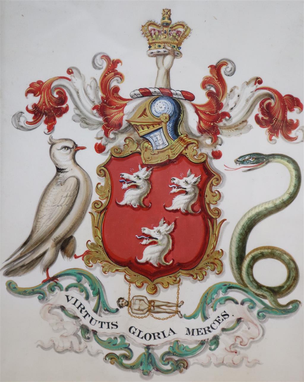 An illuminated armorial with the motto Virtutis Gloria Merces, 25 x 20cm